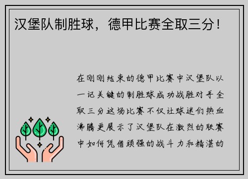 汉堡队制胜球，德甲比赛全取三分！