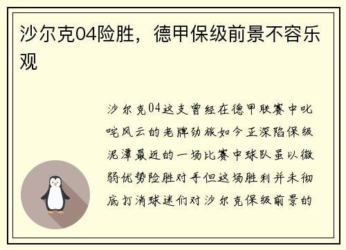 沙尔克04险胜，德甲保级前景不容乐观