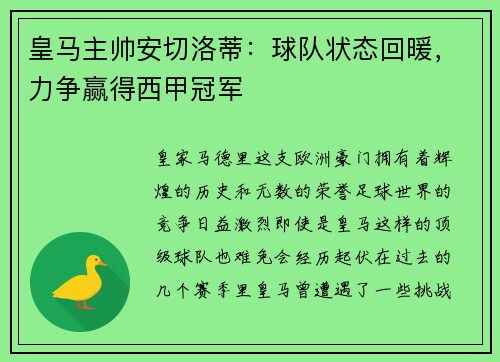 皇马主帅安切洛蒂：球队状态回暖，力争赢得西甲冠军